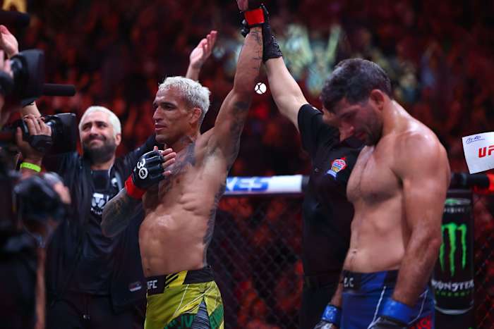 Charles Oliveira emerges victorious over Beneil Dariush at UFC 289 in Vancouver, British Columbia, Canada.